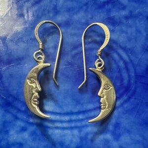 Vintage Sterling Silver Moon Crescent Face Drop Earrings